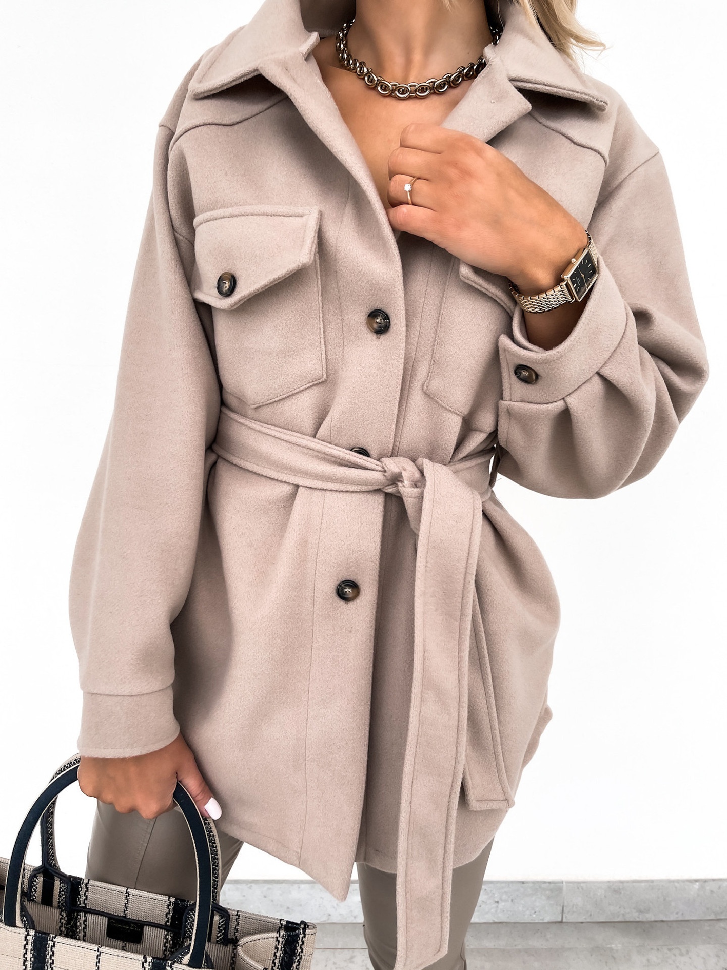 European And American Cross-Border Autumn Winter Turn-Down Collar Single-Breasted Thick Solid Color Shirt Woolen Loose_voghion.com