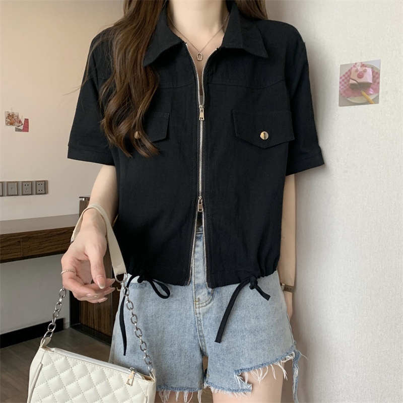 Nuovo stile Polo a spalle dritte con doppia cerniera, camicia da lavoro a maniche corte, estiva da donna in stile americano_voghion.com