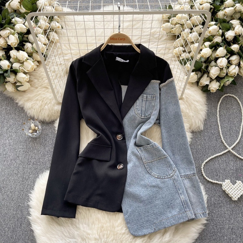 Light European And American High-End Blazer For Women Irregular Patchwork Denim Design Street Style Elegant Top_voghion.com