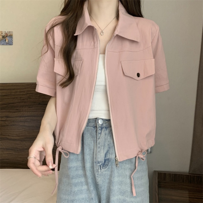 Nuovo stile Polo a spalle dritte con doppia cerniera, camicia da lavoro a maniche corte, estiva da donna in stile americano_voghion.com