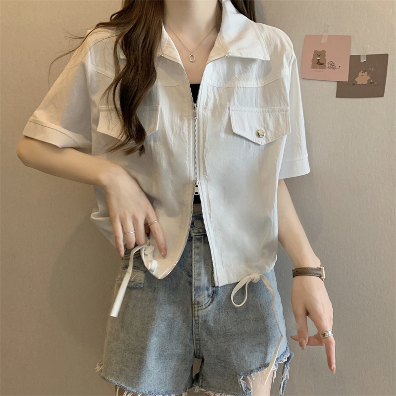 Nuovo stile Polo a spalle dritte con doppia cerniera, camicia da lavoro a maniche corte, estiva da donna in stile americano_voghion.com