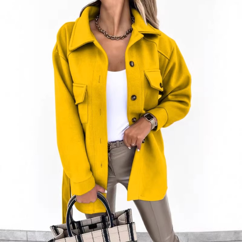 European And American Cross-Border Autumn Winter Turn-Down Collar Single-Breasted Thick Solid Color Shirt Woolen Loose_voghion.com