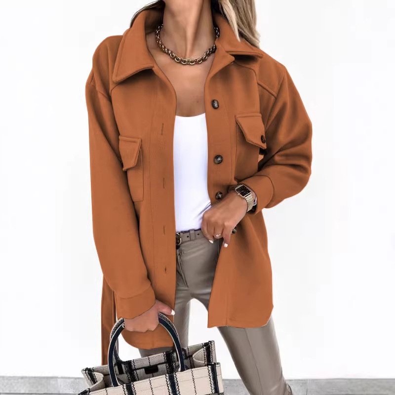 European And American Cross-Border Autumn Winter Turn-Down Collar Single-Breasted Thick Solid Color Shirt Woolen Loose_voghion.com