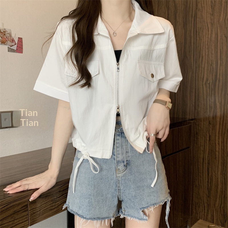 Nuovo stile Polo a spalle dritte con doppia cerniera, camicia da lavoro a maniche corte, estiva da donna in stile americano_voghion.com