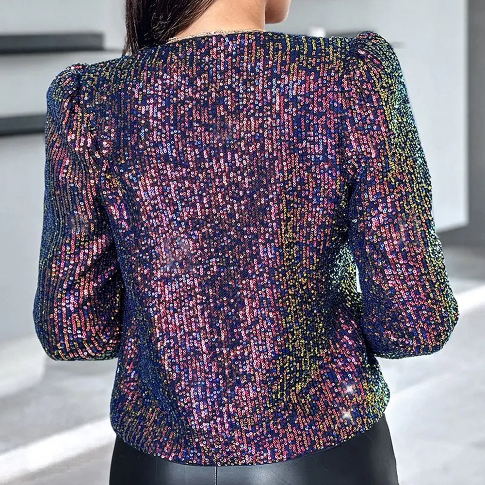 Leopard Print Sequin Blazer For Women Long Sleeve Outerwear_voghion.com