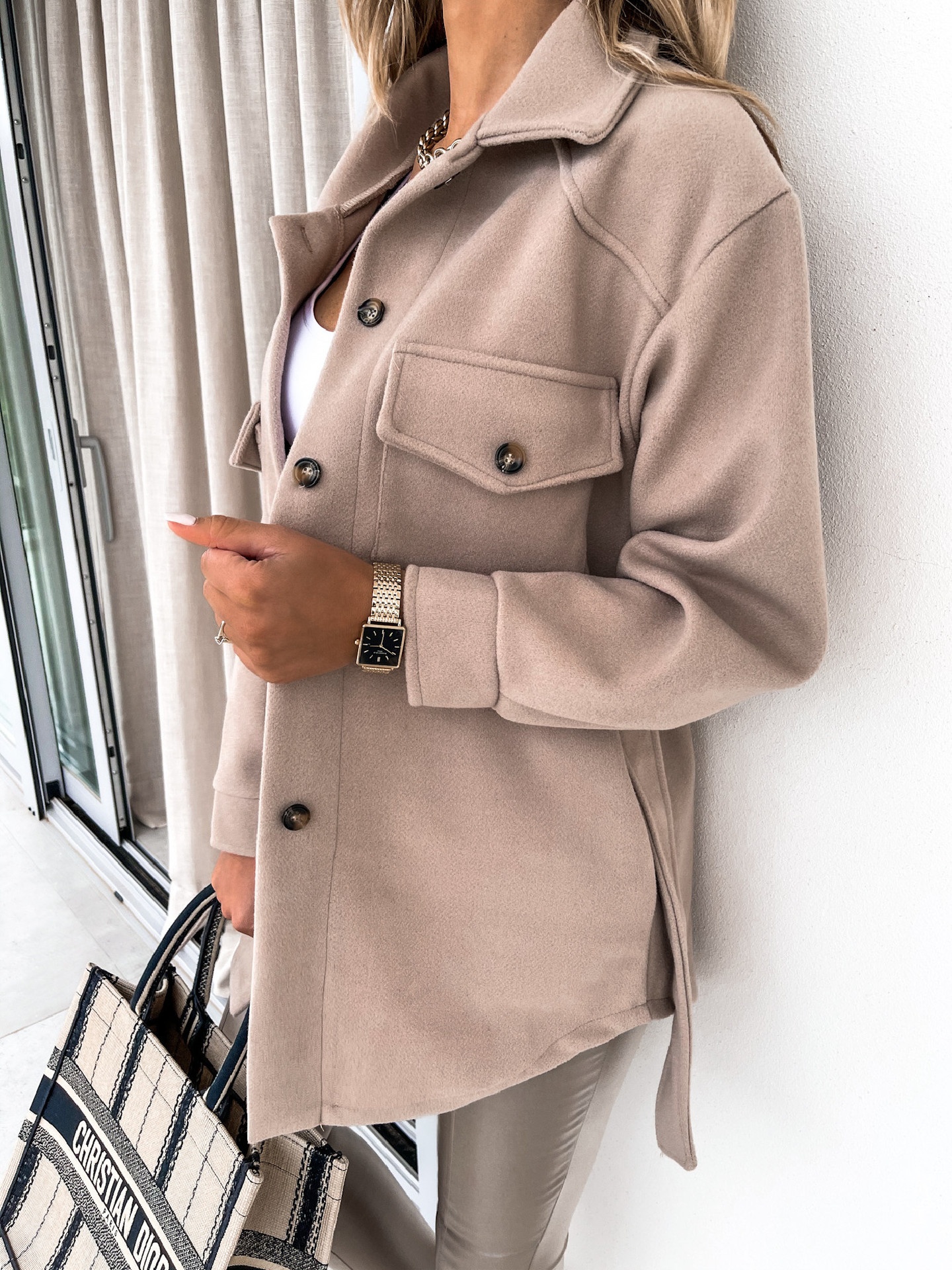 European And American Cross-Border Autumn Winter Turn-Down Collar Single-Breasted Thick Solid Color Shirt Woolen Loose_voghion.com