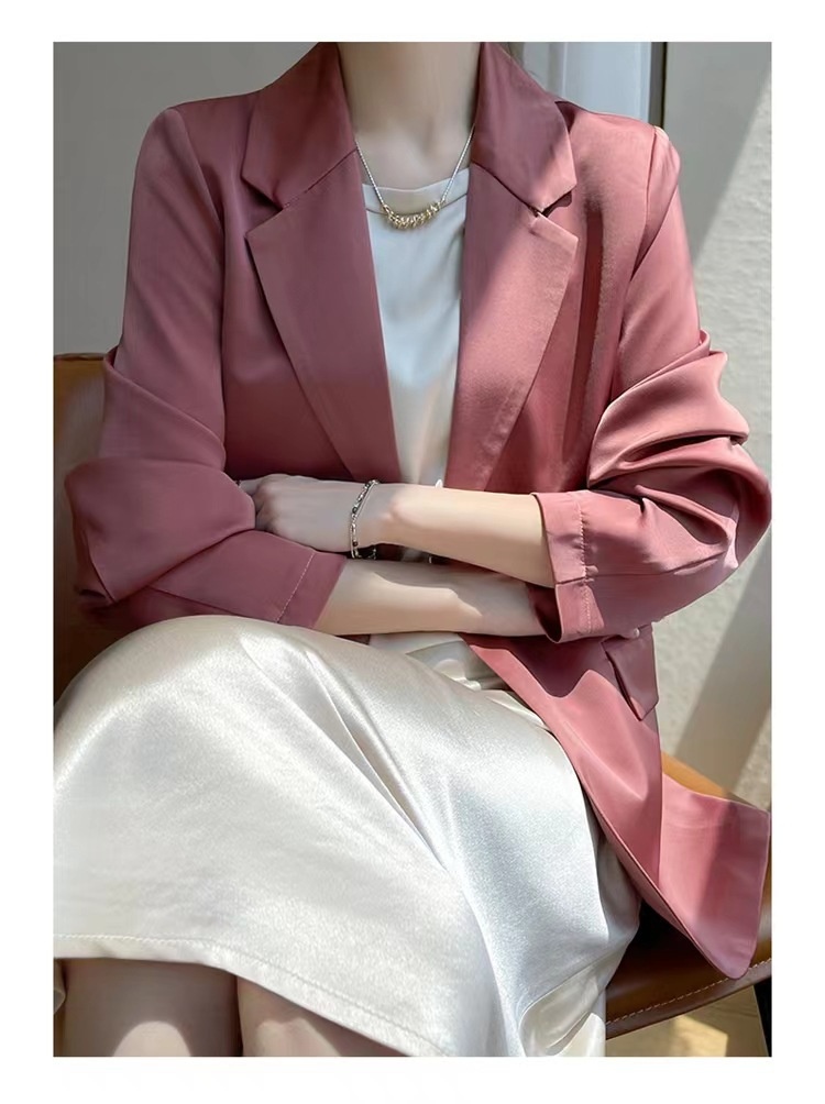 High-end Solid Colour Women's Blazer Acetate Satin Suit Lightweight_voghion.com