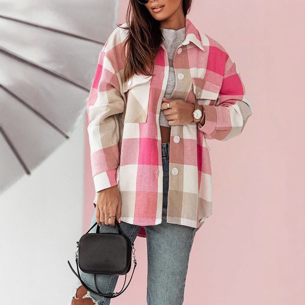 Cross-border European And American Fashion Women's Colorful Plaid Shirt Jacket Casual Brushed Woolen Coat Top_voghion.com