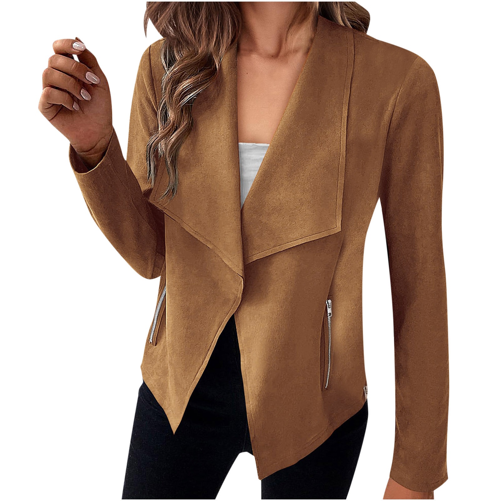 Elegant Women's Suede Blazer Solid Colour Classic Fitted Jacket_voghion.com