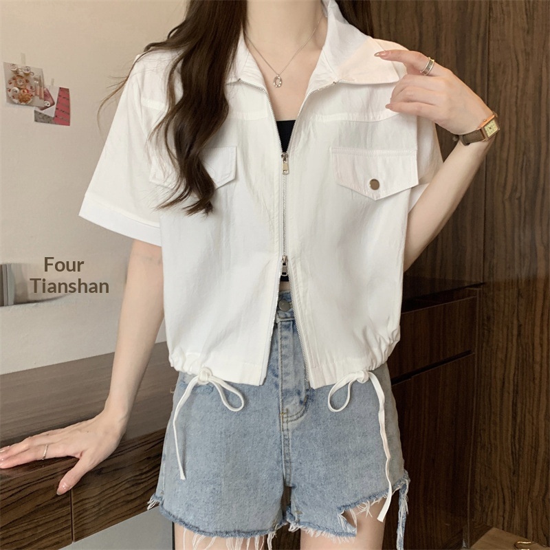Nuovo stile Polo a spalle dritte con doppia cerniera, camicia da lavoro a maniche corte, estiva da donna in stile americano_voghion.com
