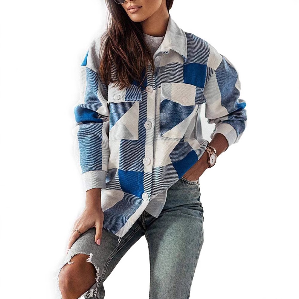 Cross-border European And American Fashion Women's Colorful Plaid Shirt Jacket Casual Brushed Woolen Coat Top_voghion.com
