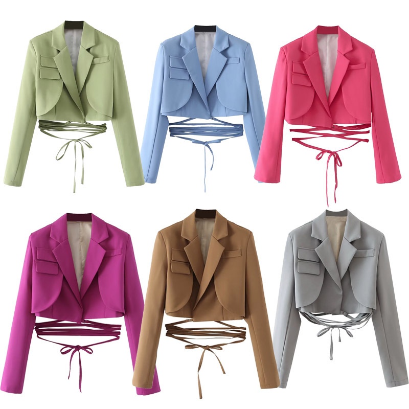 Koreanischer Damen-Blazer, einfarbig, mit Taillengürtel, kurzer Schnitt, Großhandel_voghion.com