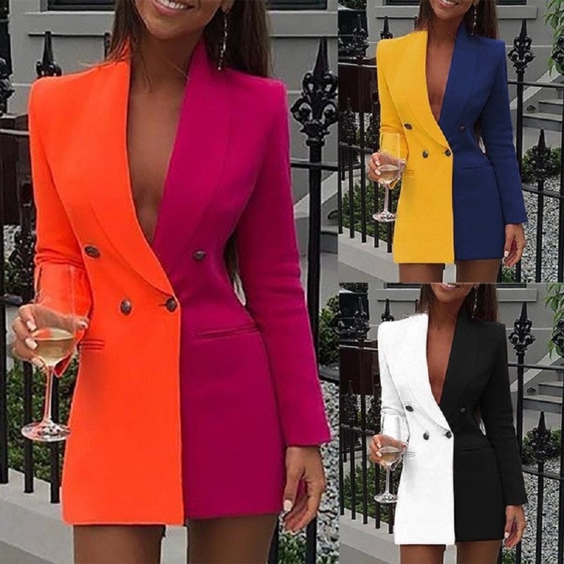 Blazer da donna con scollo a v e design patchwork professionale_voghion.com