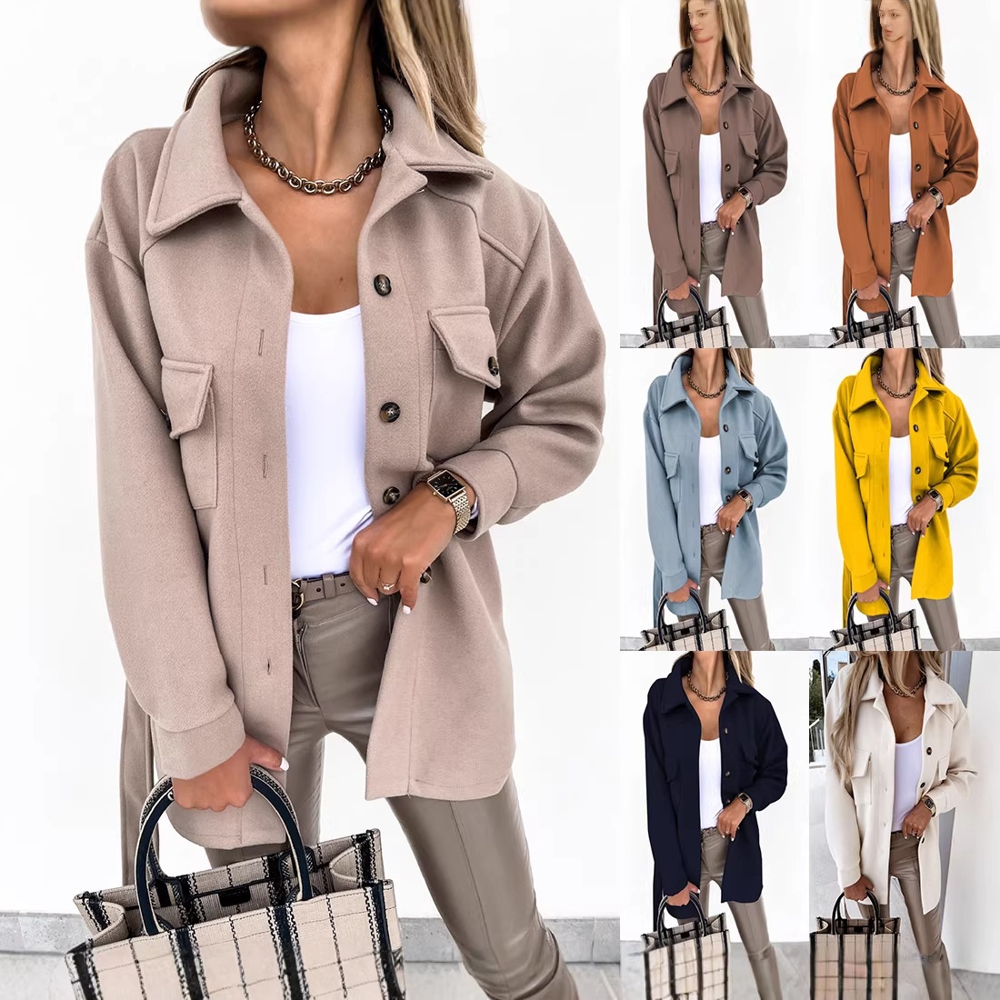 European And American Cross-Border Autumn Winter Turn-Down Collar Single-Breasted Thick Solid Color Shirt Woolen Loose_voghion.com