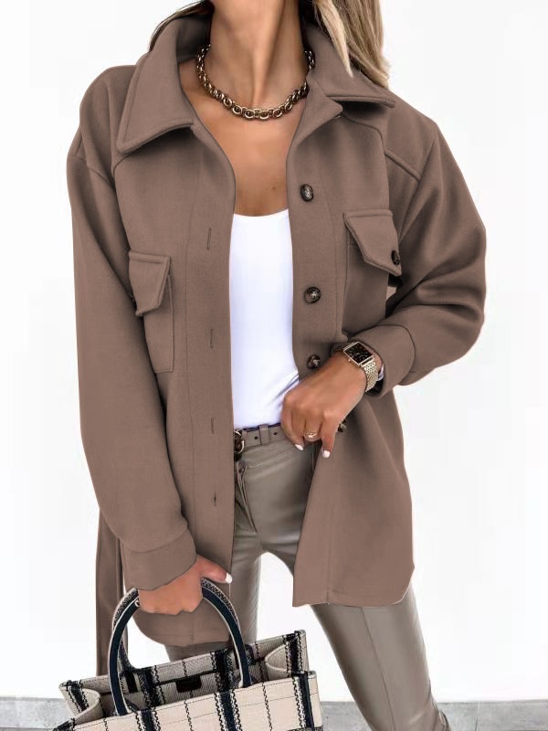 European And American Cross-Border Autumn Winter Turn-Down Collar Single-Breasted Thick Solid Color Shirt Woolen Loose_voghion.com