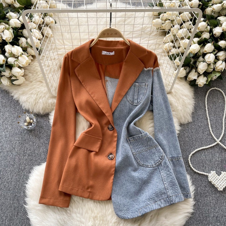 Light European And American High-End Blazer For Women Irregular Patchwork Denim Design Street Style Elegant Top_voghion.com