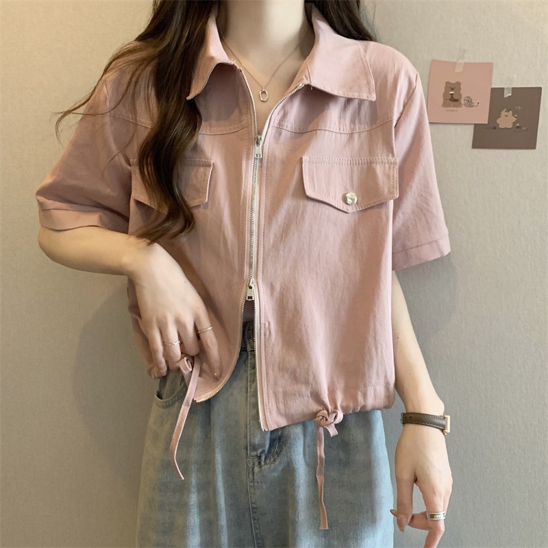 Nuovo stile Polo a spalle dritte con doppia cerniera, camicia da lavoro a maniche corte, estiva da donna in stile americano_voghion.com
