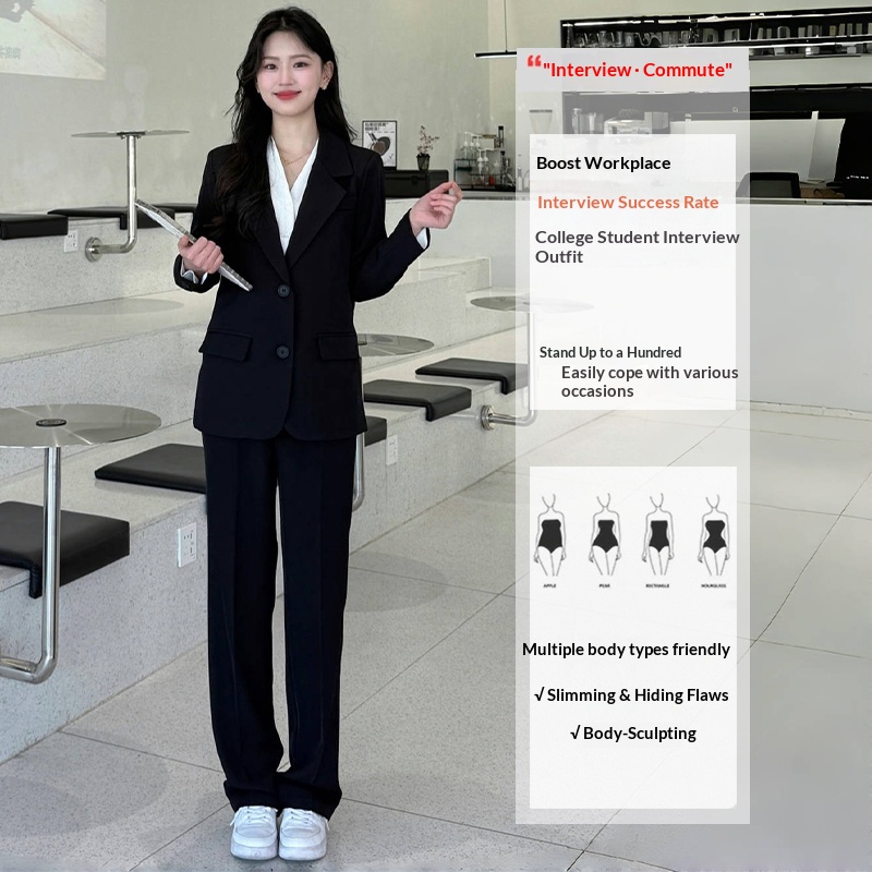 Women's Suit Set For Spring Autumn, College Student Interview And Presentation Outfit, Black Blazer, Formal Professional_voghion.com