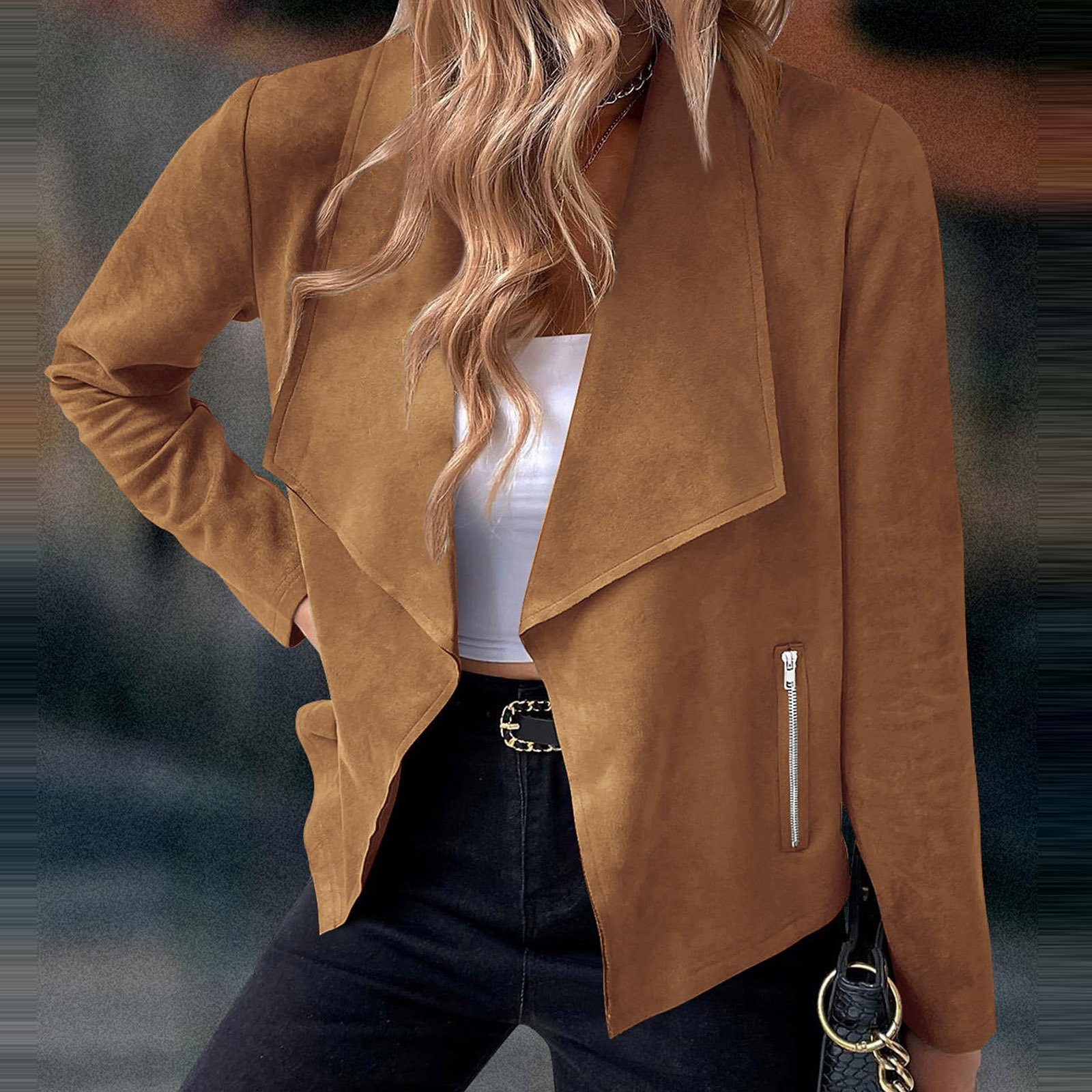 Elegant Women's Suede Blazer Solid Colour Classic Fitted Jacket_voghion.com