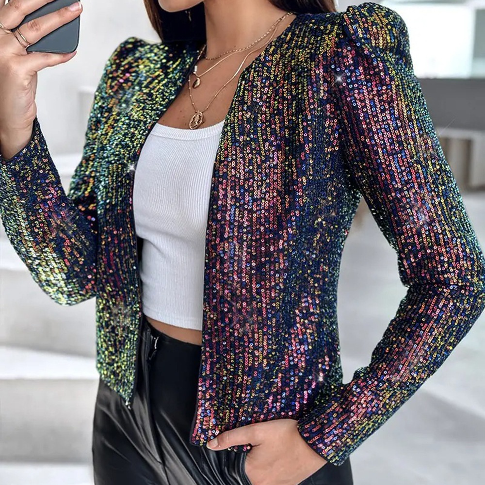 Leopard Print Sequin Blazer For Women Long Sleeve Outerwear_voghion.com