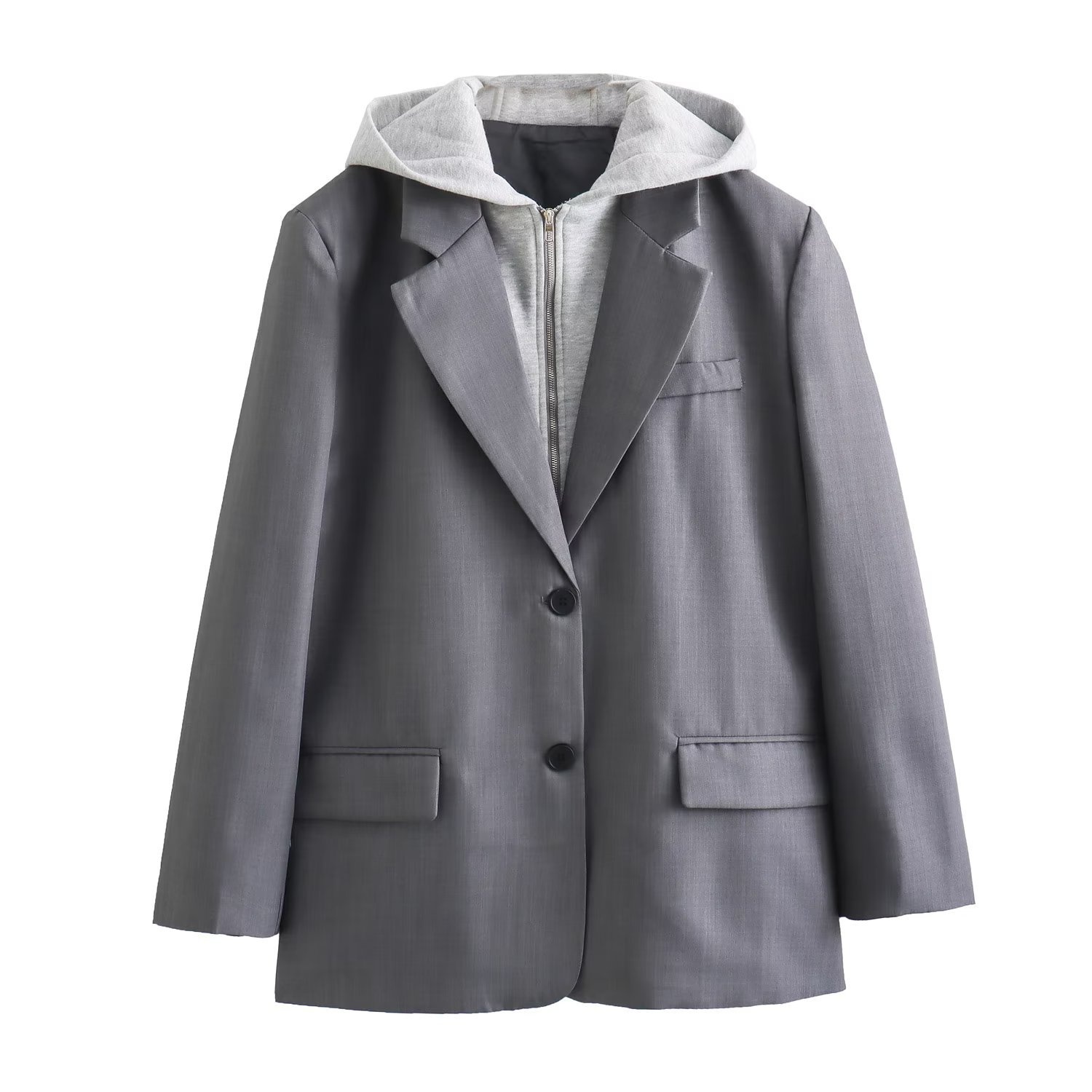 Damen Blazer Mit Kapuze Im Patchwork Design Street Style_voghion.com