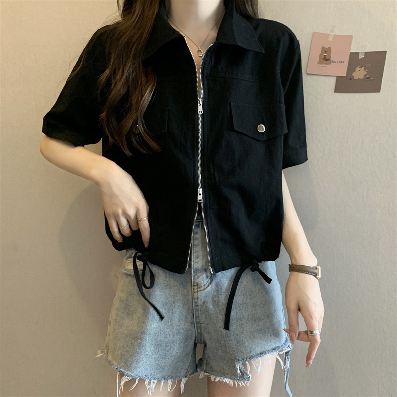 Nuovo stile Polo a spalle dritte con doppia cerniera, camicia da lavoro a maniche corte, estiva da donna in stile americano_voghion.com