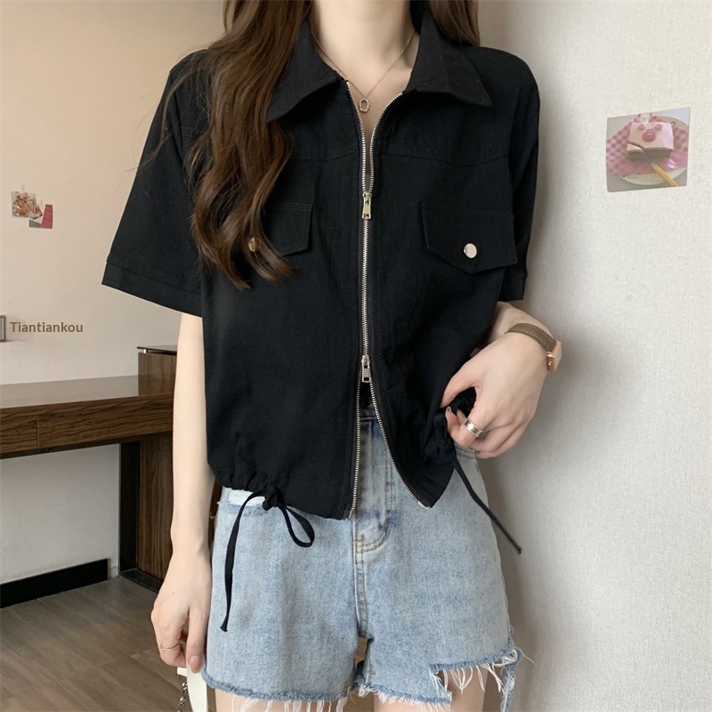 Nuovo stile Polo a spalle dritte con doppia cerniera, camicia da lavoro a maniche corte, estiva da donna in stile americano_voghion.com
