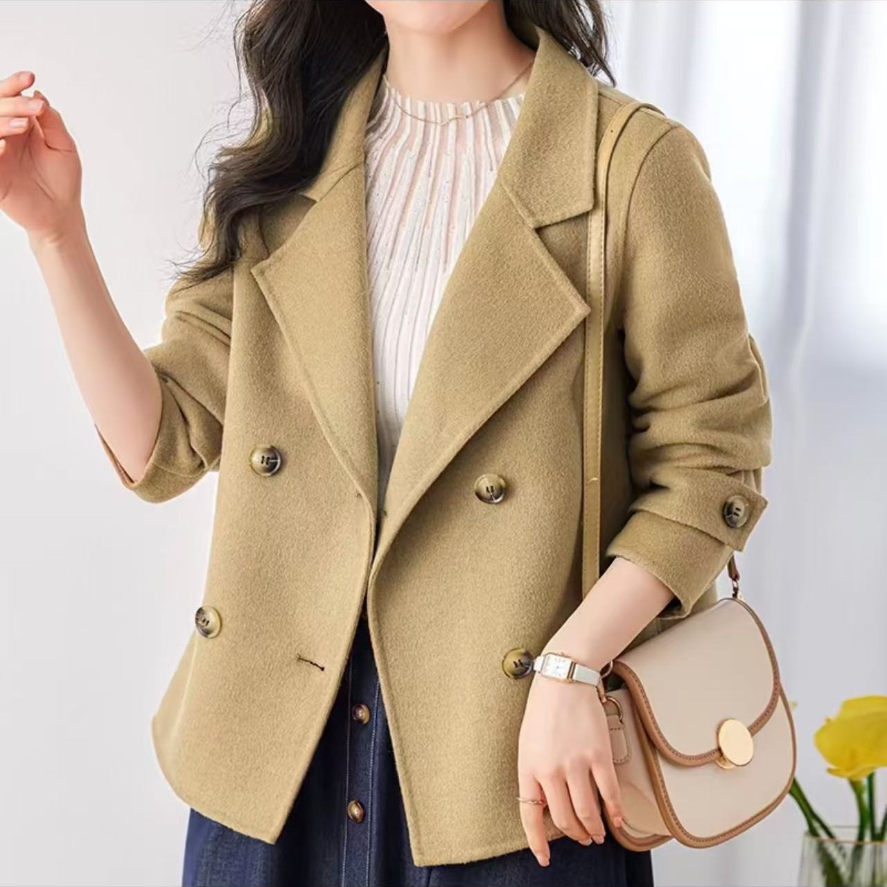 Double-breasted Wool Coat Women’s Mid-length Fashion Blazer_voghion.com