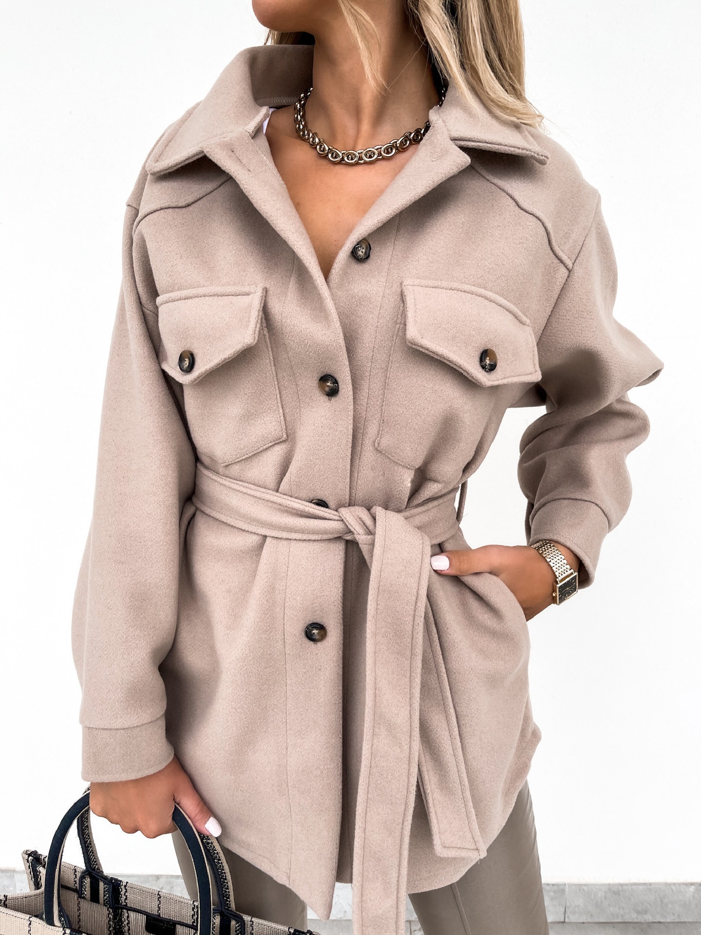 European And American Cross-Border Autumn Winter Turn-Down Collar Single-Breasted Thick Solid Color Shirt Woolen Loose_voghion.com