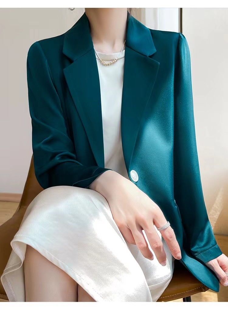 High-end Solid Colour Women's Blazer Acetate Satin Suit Lightweight_voghion.com