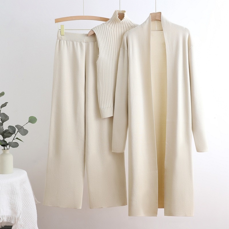 Ensemble décontracté de style européen et américain pour femme, couleur unie, composé d'un manteau châle à col V, d'un pull en maille et d'un pantalon large long._voghion.com