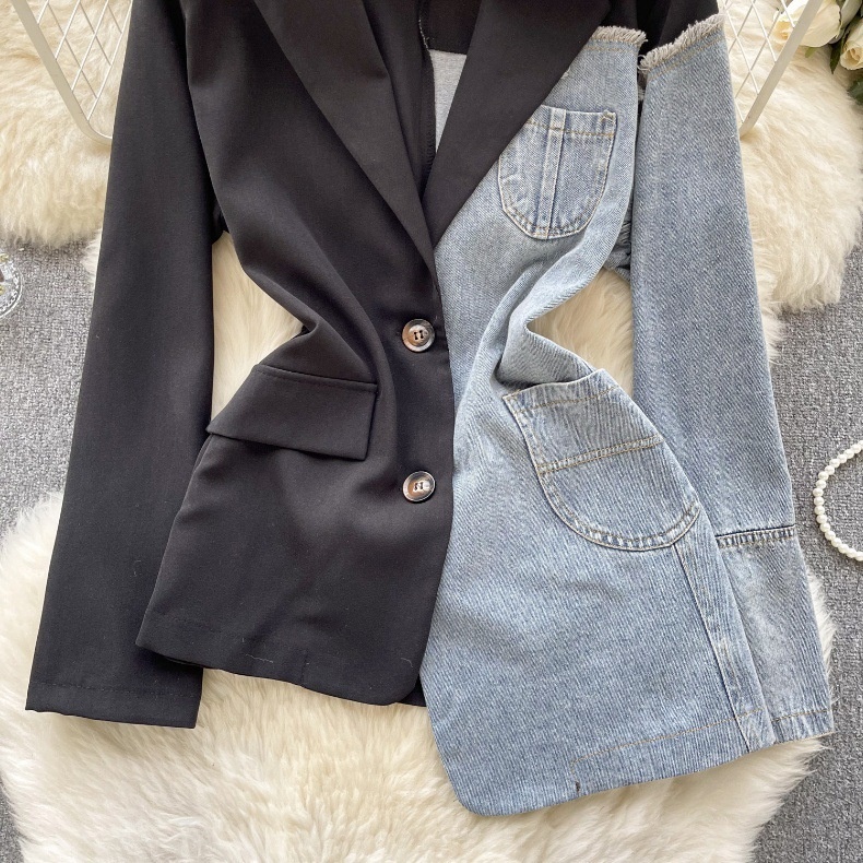 Light European And American High-End Blazer For Women Irregular Patchwork Denim Design Street Style Elegant Top_voghion.com