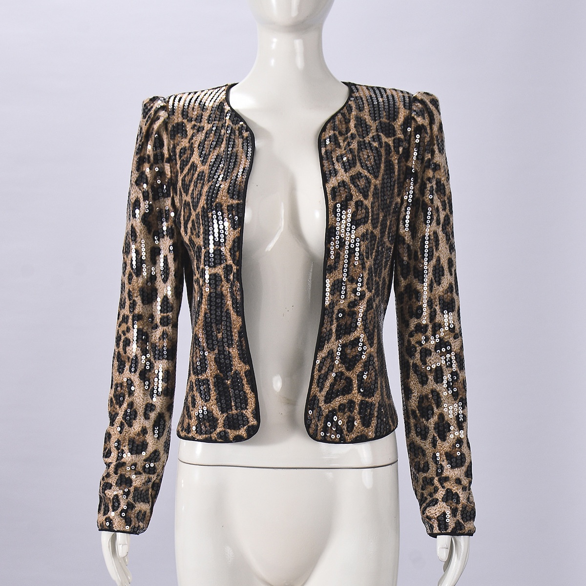 Leopard Print Sequin Blazer For Women Long Sleeve Outerwear_voghion.com