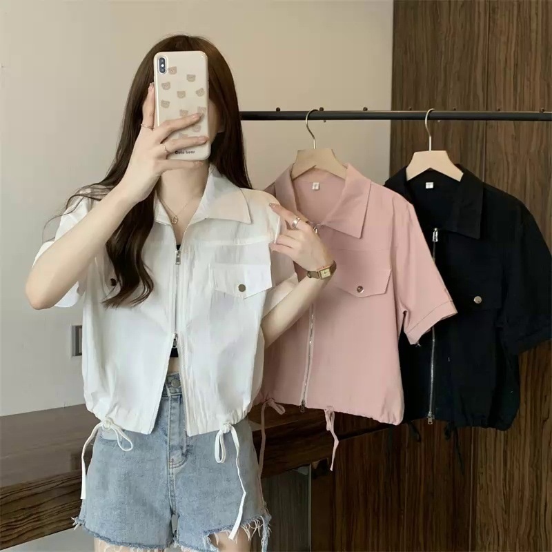 Nuovo stile Polo a spalle dritte con doppia cerniera, camicia da lavoro a maniche corte, estiva da donna in stile americano_voghion.com
