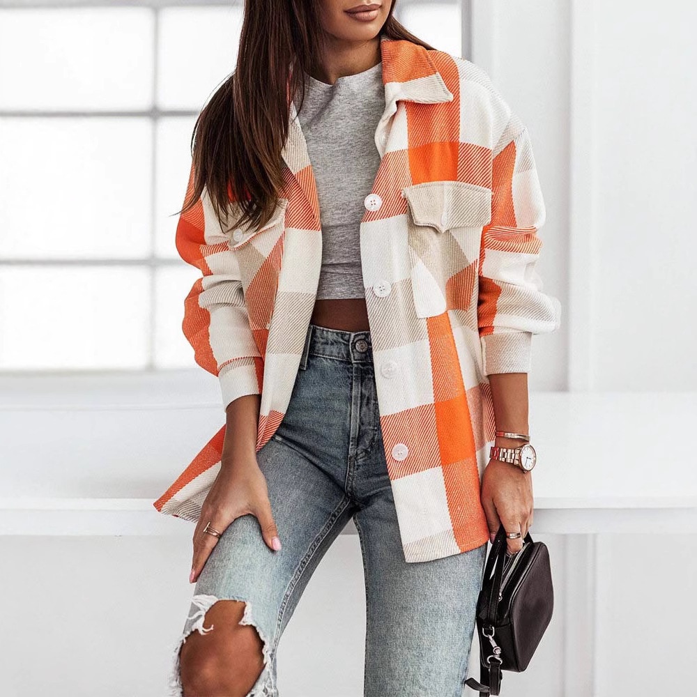 Cross-border European And American Fashion Women's Colorful Plaid Shirt Jacket Casual Brushed Woolen Coat Top_voghion.com