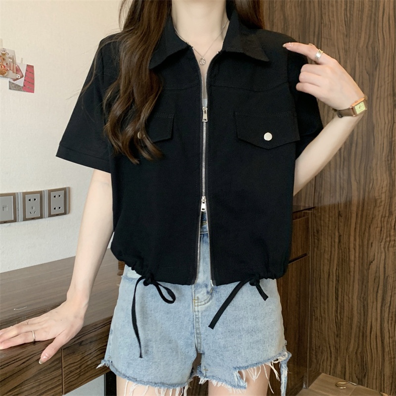 Nuovo stile Polo a spalle dritte con doppia cerniera, camicia da lavoro a maniche corte, estiva da donna in stile americano_voghion.com