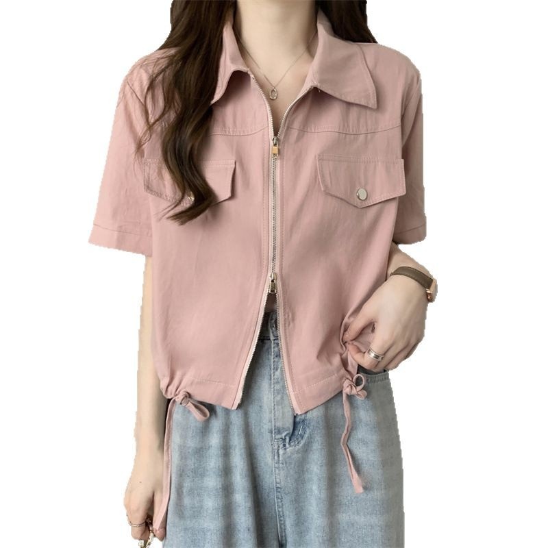 Nuovo stile Polo a spalle dritte con doppia cerniera, camicia da lavoro a maniche corte, estiva da donna in stile americano_voghion.com