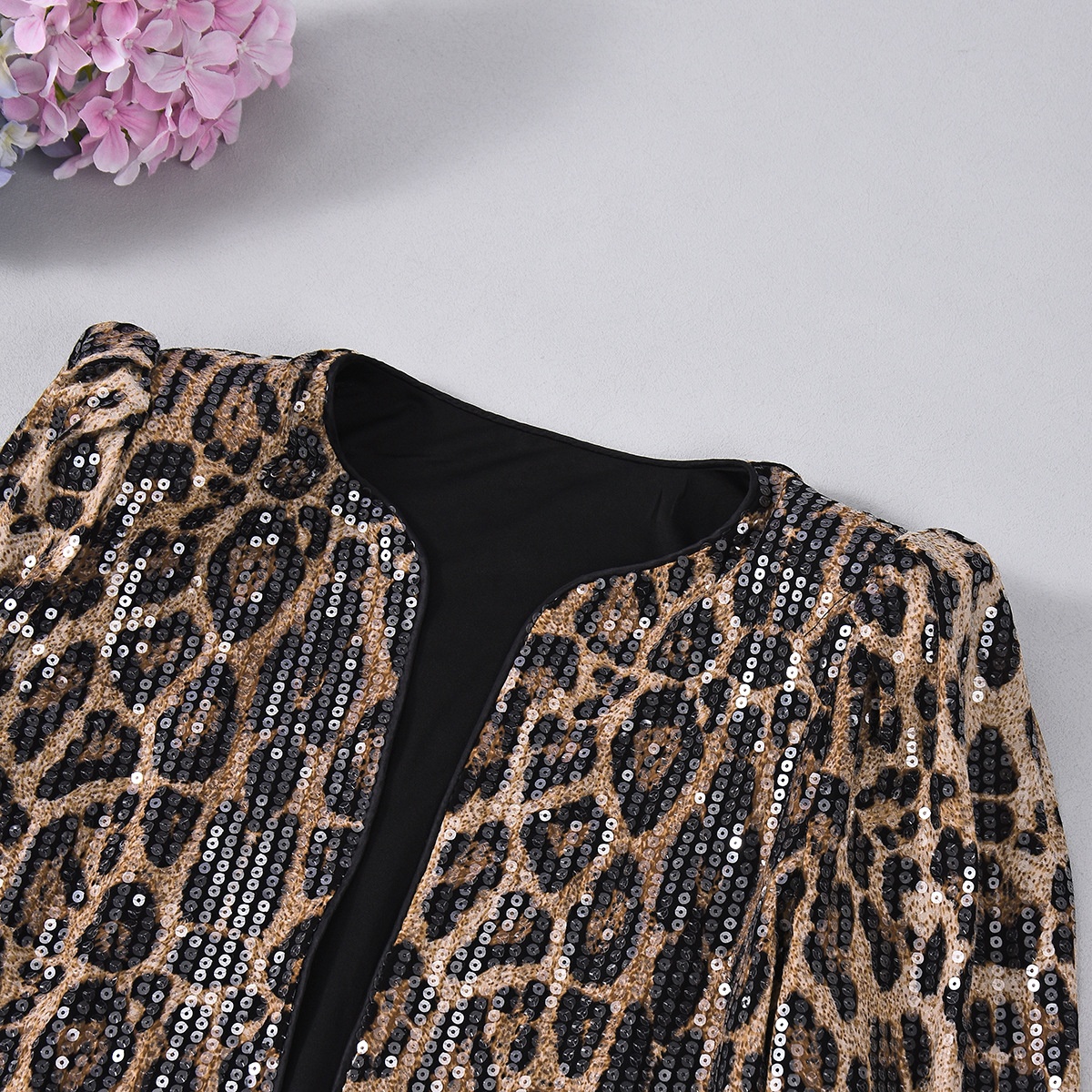 Leopard Print Sequin Blazer For Women Long Sleeve Outerwear_voghion.com