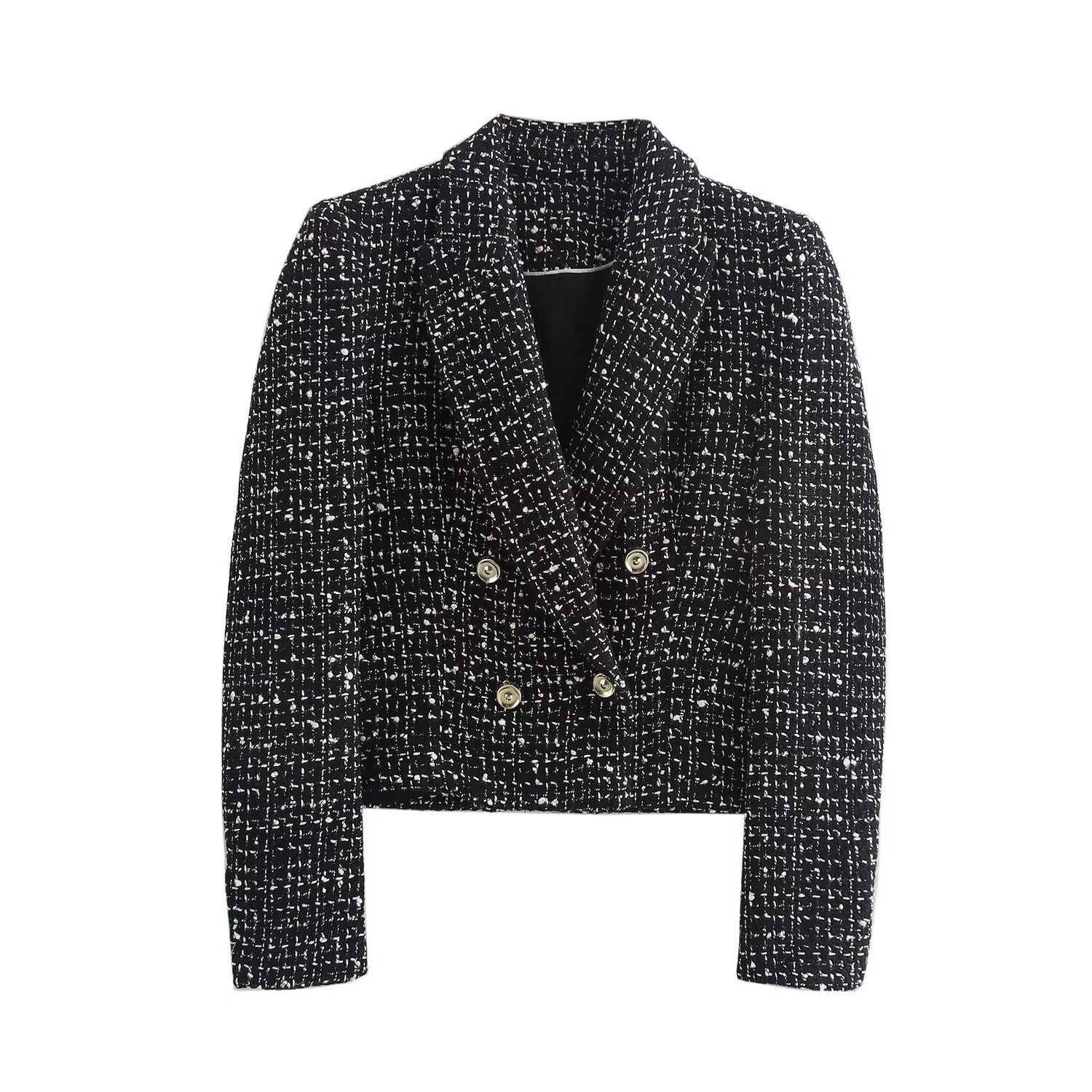 Foreign Trade Women's Autumn New Fashion European And American Style Textured Double-breasted Long-sleeve Short Blazer_voghion.com
