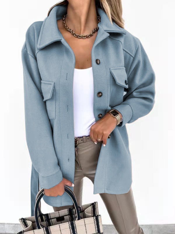 European And American Cross-Border Autumn Winter Turn-Down Collar Single-Breasted Thick Solid Color Shirt Woolen Loose_voghion.com
