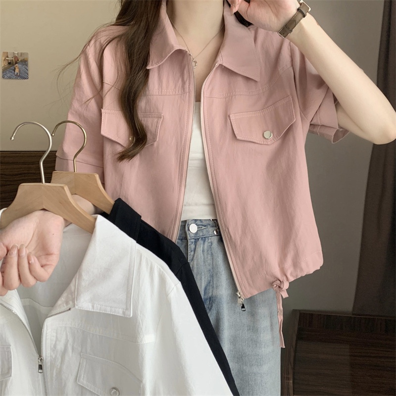 Nuovo stile Polo a spalle dritte con doppia cerniera, camicia da lavoro a maniche corte, estiva da donna in stile americano_voghion.com