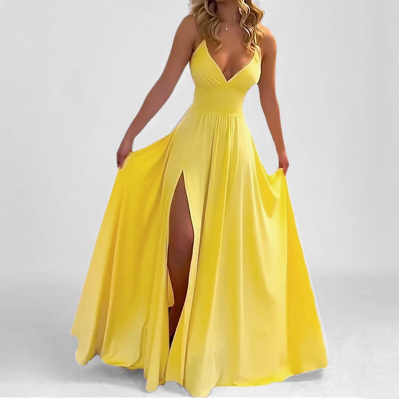 2026 Spring New European And American Cross-Border Women's Fashion Solid Color Strap Sexy Slim Fit Slit Ruffle Dress_voghion.com