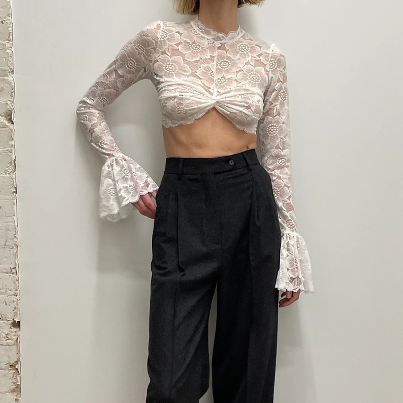 Women's T-shirt With Hook Pattern See-through Slim Fit Design_voghion.com