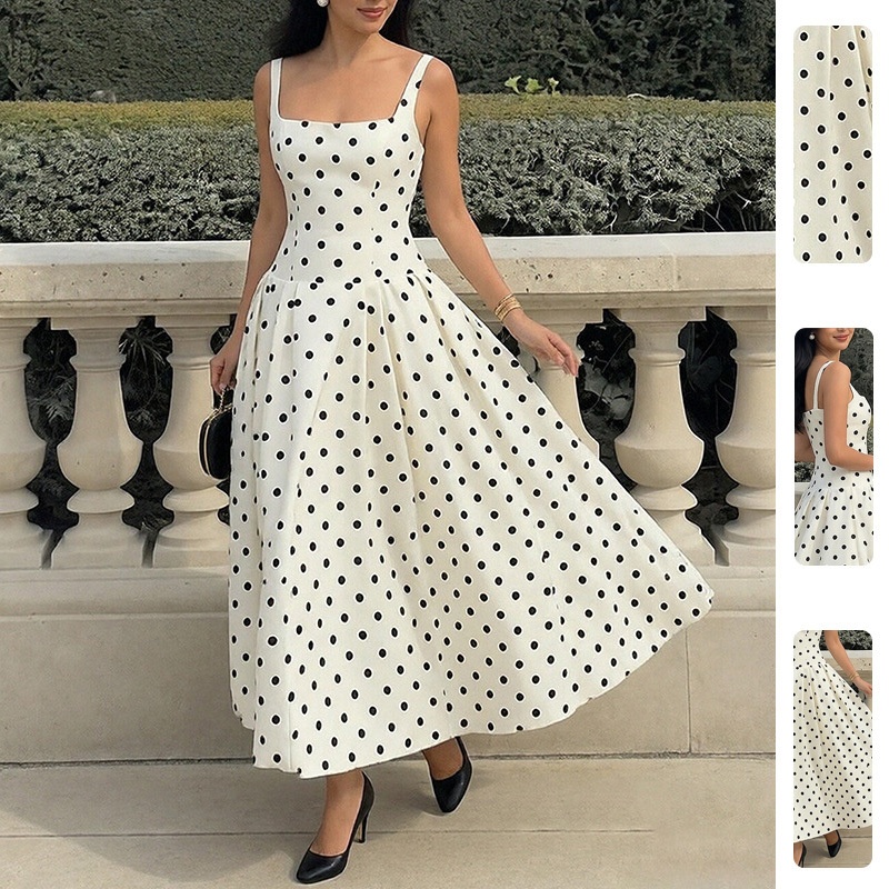 Lente 2026 Nieuwe Europese en Amerikaanse grensoverschrijdende damesmode: hoogwaardige retro strapless off-shoulder jurk met stippen_voghion.com