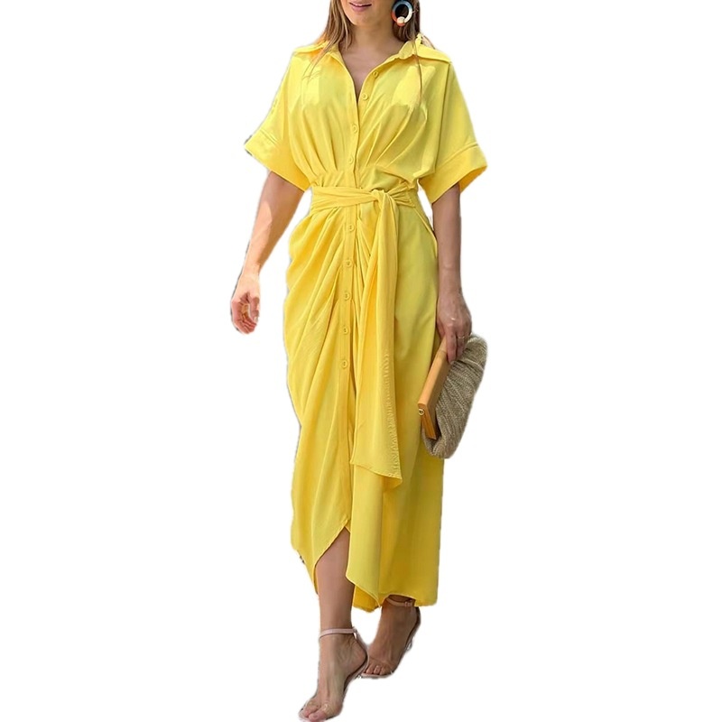Abito camicia lungo donna a vita alta con colletto classico_voghion.com
