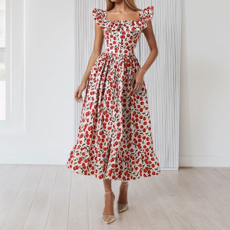 2026 Spring New Cross-Border European And American Fashion French Square Neck Flutter Sleeve Floral Waist-Cinching Dress_voghion.com