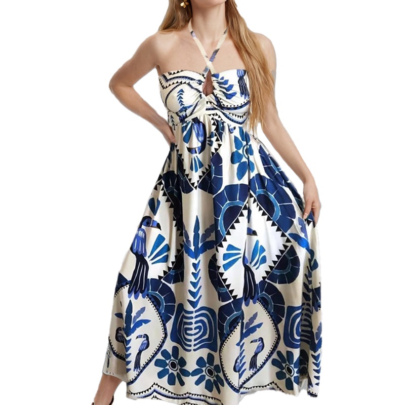 Elegant Printed Plus Size Women's Dress With Halter Neck And Hem_voghion.com