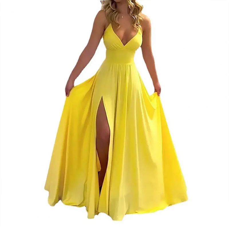 Elegant Women's Dress Slim Fit Strappy Solid Colour Ruffle Slit_voghion.com