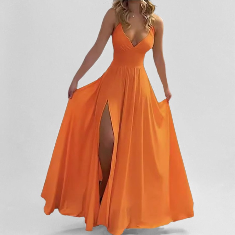 Elegant Women's Dress Slim Fit Strappy Solid Colour Ruffle Slit_voghion.com