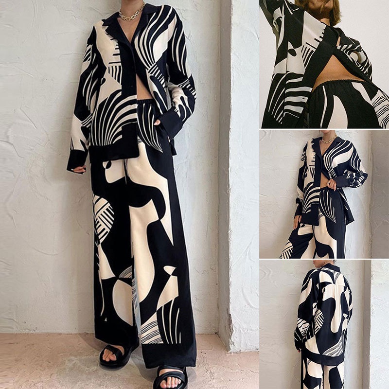 Women's Set Printed Long Cardigan And Straight Pants Set_voghion.com